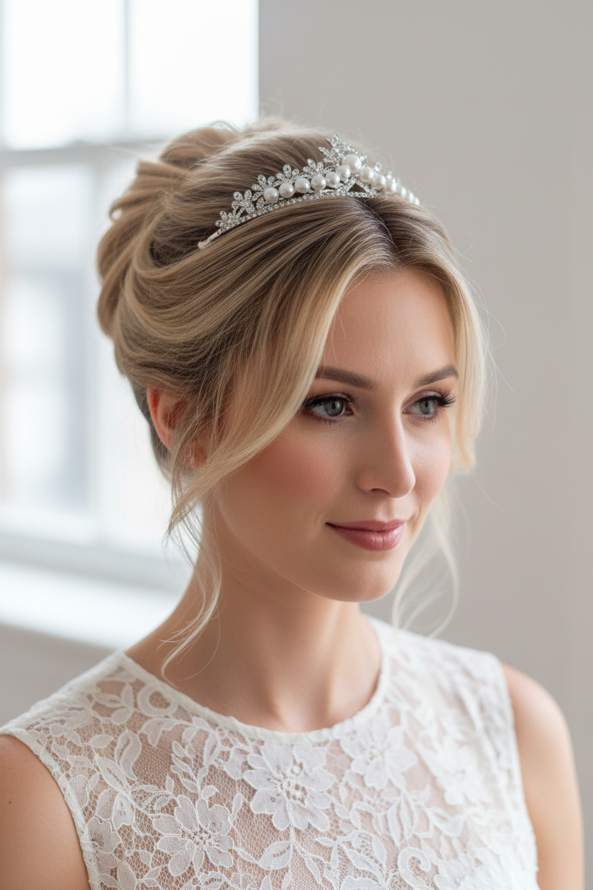 Diadem Silber mit Perlen – Tiara mit Strass und Ösen 5 cm hoch | ONDEGO®