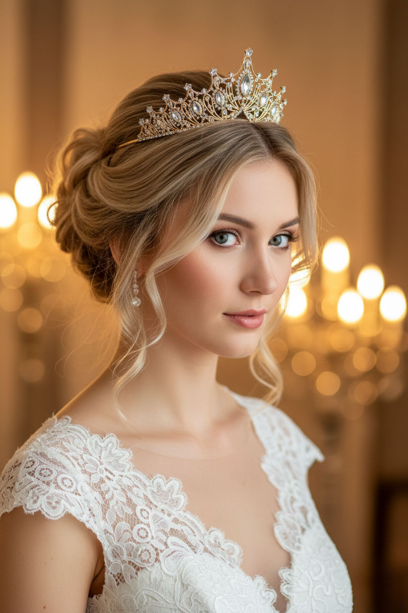 Braut Diadem Gold 6 cm – Strass Krone mit Ösen | ONDEGO®
