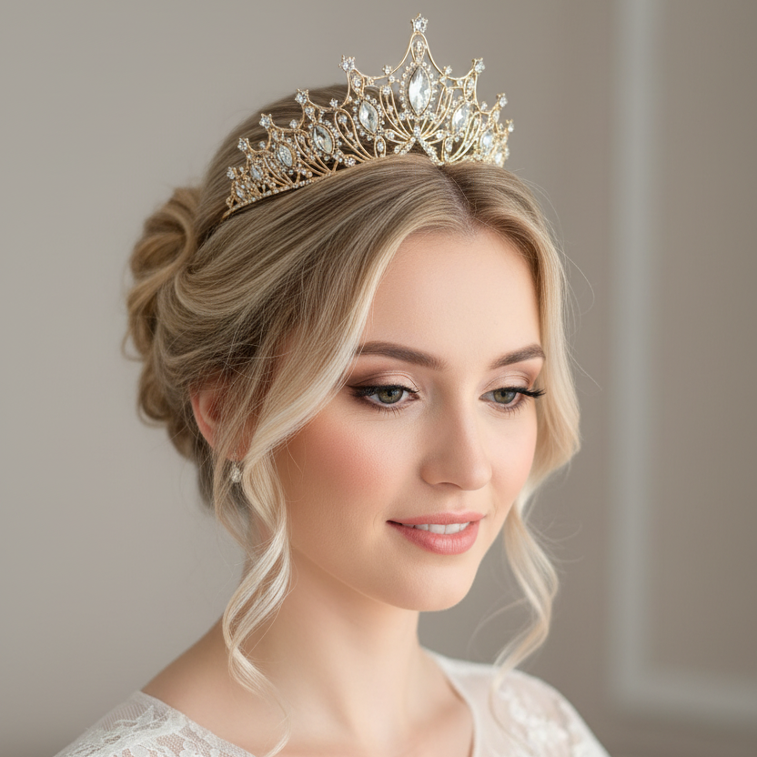 Braut Diadem Gold 6 cm – Strass Krone mit Ösen | ONDEGO®