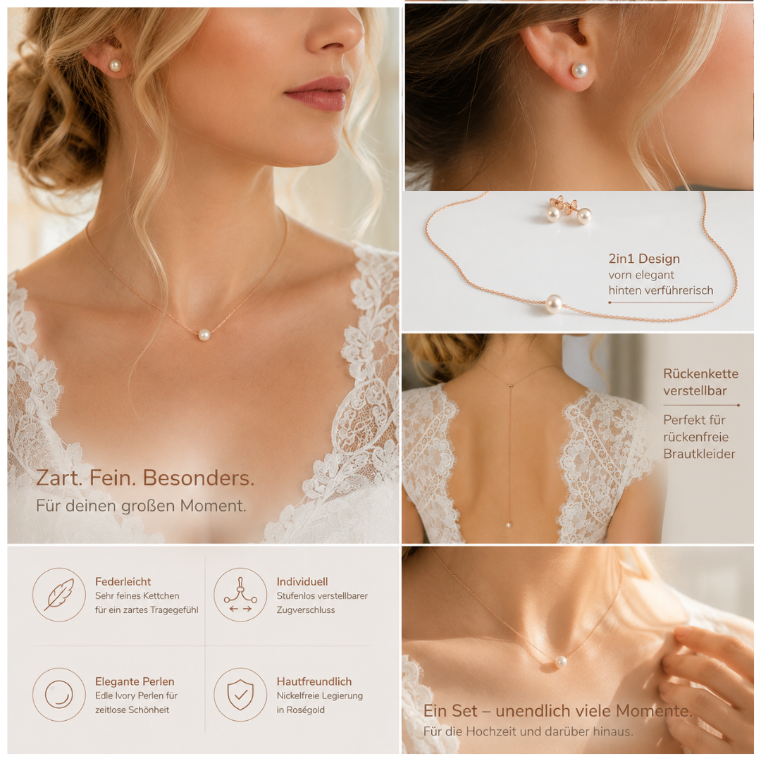 Rosegold Schmuckset mit Rückenkette – 2-teilig | Perlenkette & Ohrstecker | ONDEGO®
