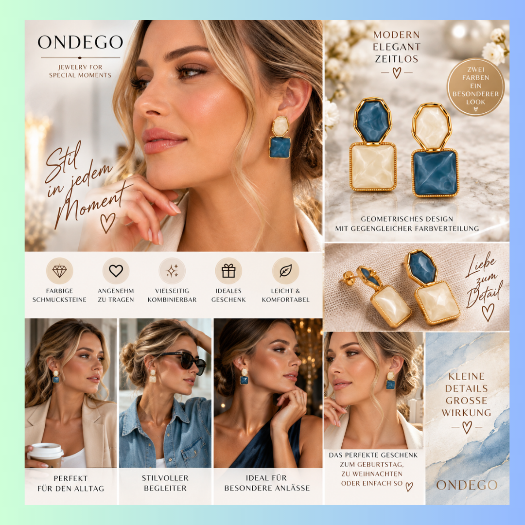 Statement-Ohrringe Hellblau & Ivory – goldfarbene Ohrstecker für Damen