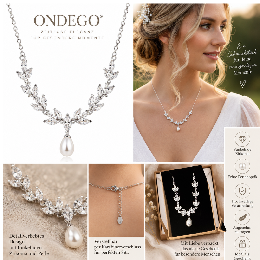 Halskette Silber mit Perle & Zirkonia – filigrane Brautkette im Blätterdesign