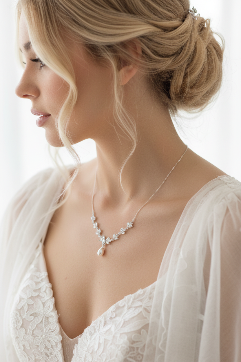 Halskette Silber mit Perle & Zirkonia – filigrane Brautkette im Blätterdesign