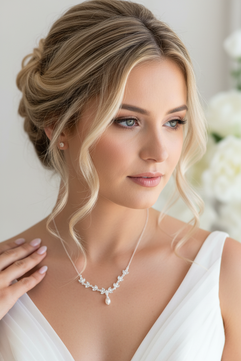 Halskette Silber mit Perle & Zirkonia – filigrane Brautkette im Blätterdesign