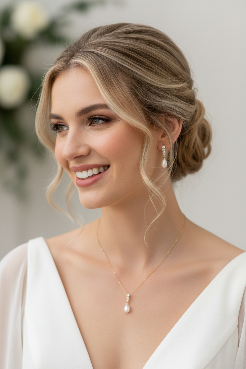 Brautschmuck Set Gold – Perle & Strass Kette und Ohrringe elegant | ONDEGO®