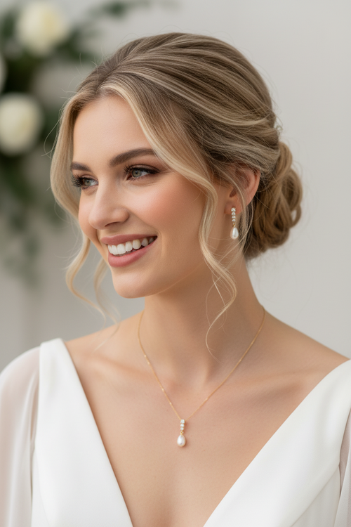 Brautschmuck Set Gold – Perle & Strass Kette und Ohrringe elegant | ONDEGO®