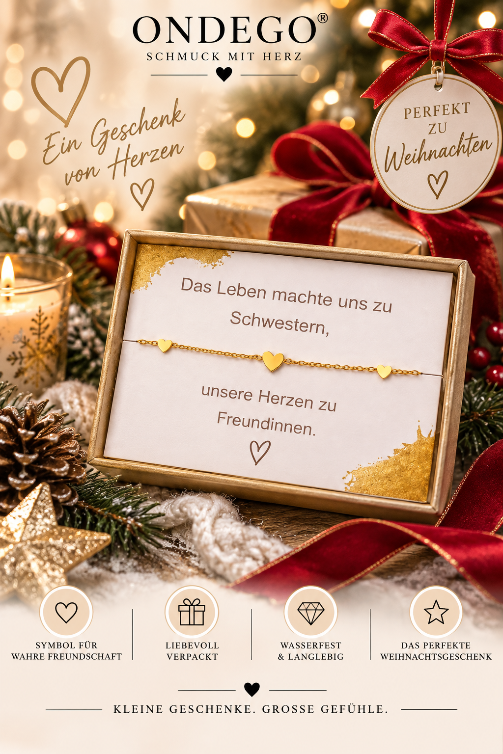 Armband Schwester mit 3 Herzen & Geschenkbox – 18K vergoldeter Edelstahl