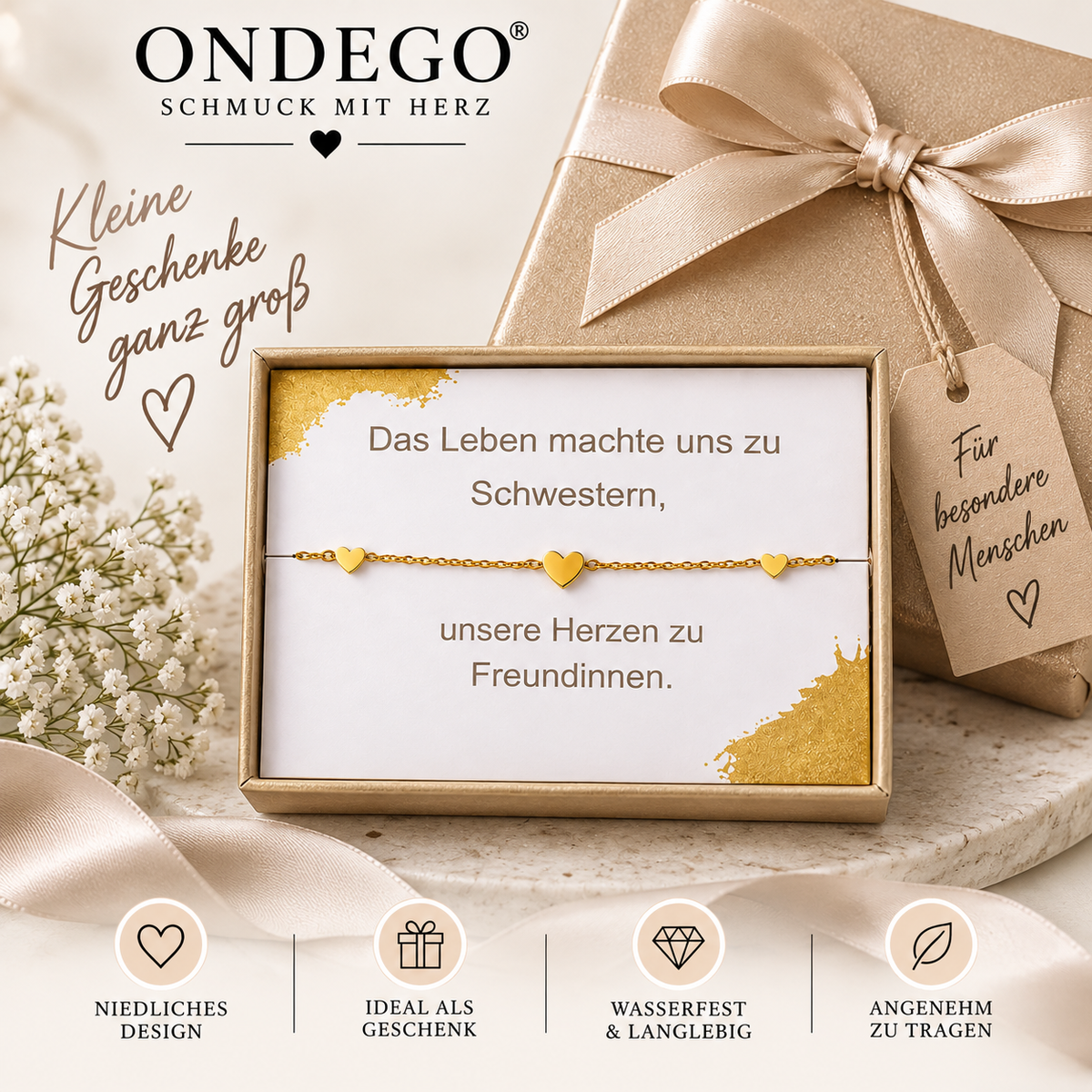 Armband Schwester mit 3 Herzen & Geschenkbox – 18K vergoldeter Edelstahl