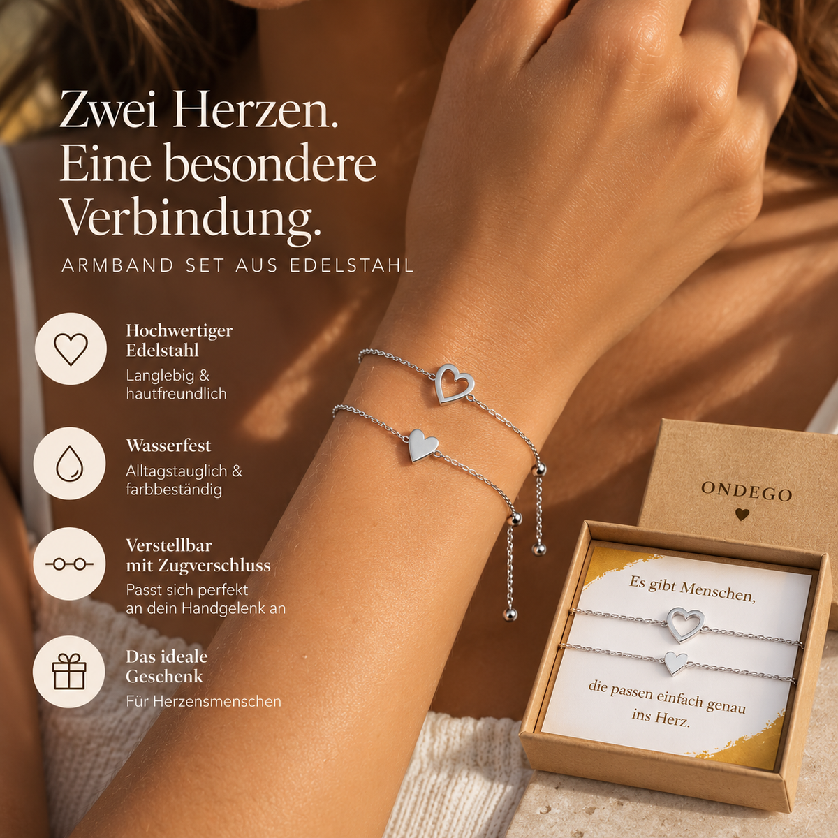 Freundschaftsarmband 2er Set Herz mit Geschenkbox – Gold oder Silber