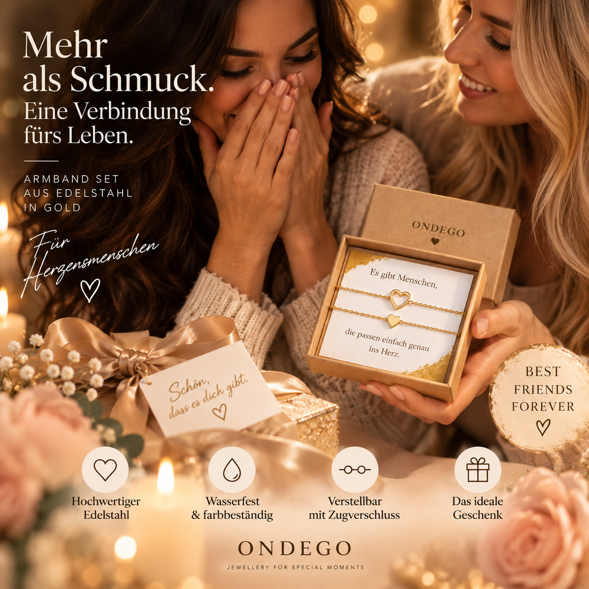 Freundschaftsarmband 2er Set Herz mit Geschenkbox – Gold oder Silber