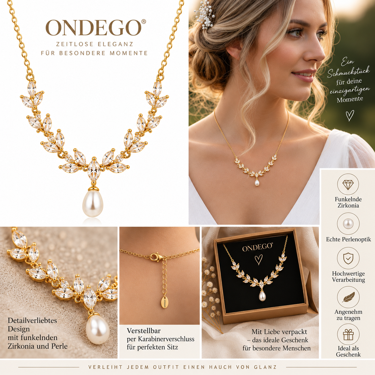 Halskette Gold mit Perle & Zirkonia – filigrane Brautkette im Blätterdesign