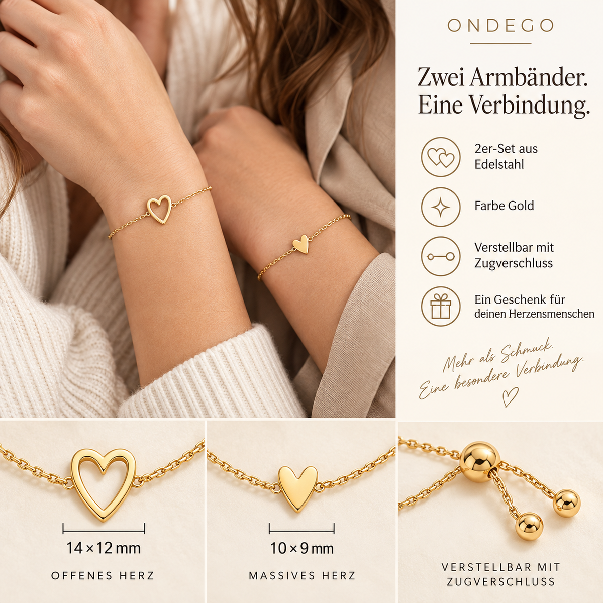 Freundschaftsarmband 2er Set Herz mit Geschenkbox – Gold oder Silber