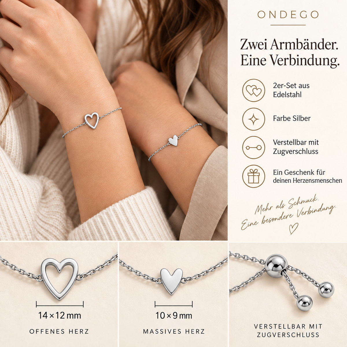 Freundschaftsarmband 2er Set Herz mit Geschenkbox – Gold oder Silber
