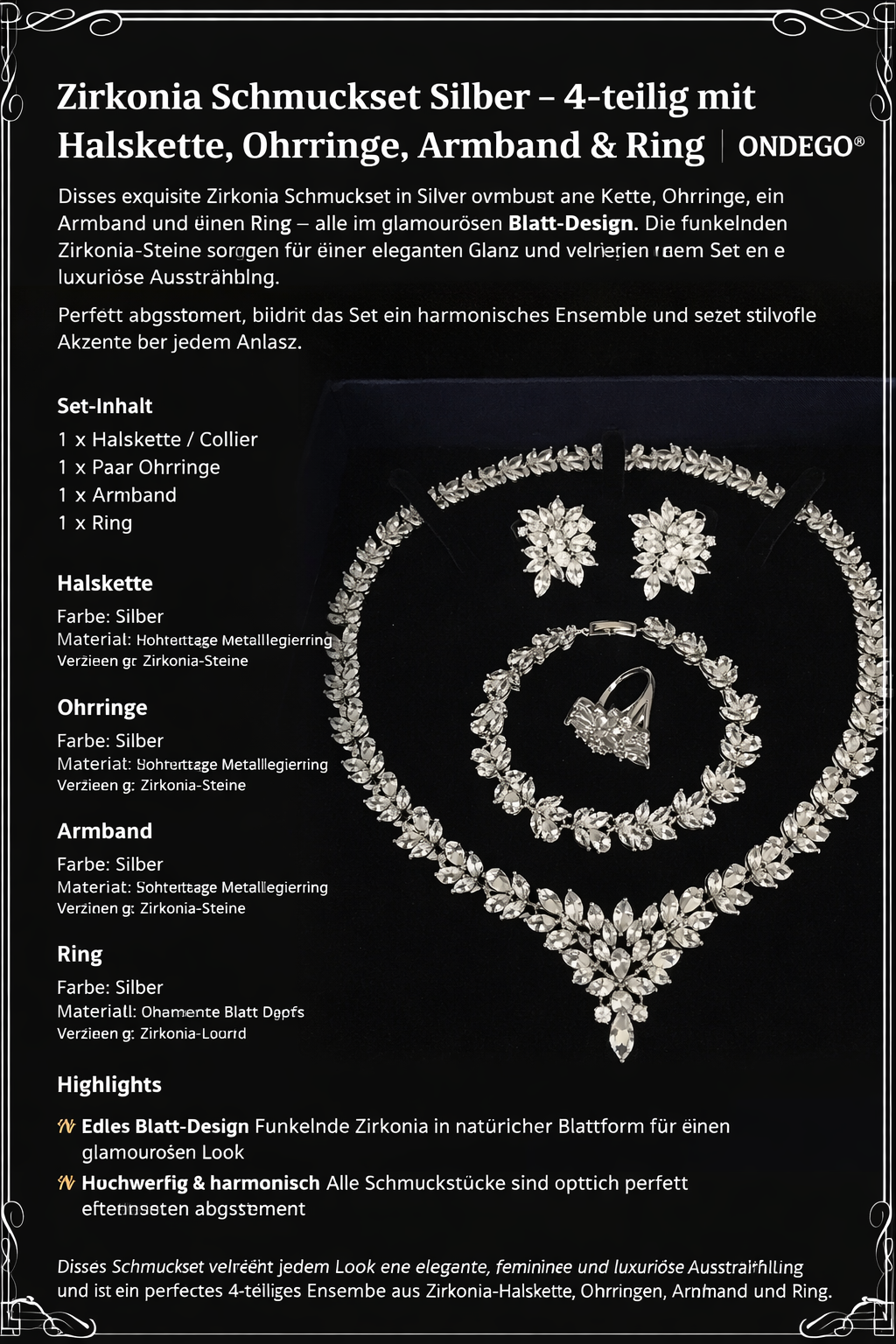 Zirkonia Schmuckset Silber – 4-teilig mit Collier, Ohrringen, Armband & Ring | ONDEGO®