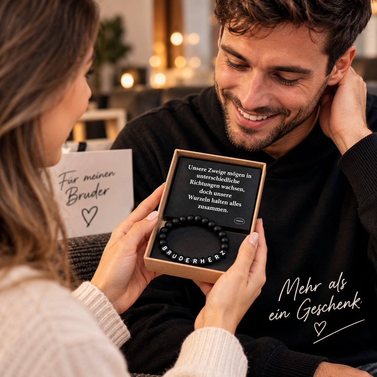 BRUDERHERZ Armband Herren aus Onyx – Geschenk für Bruder mit Spruchkarte & Geschenkbox