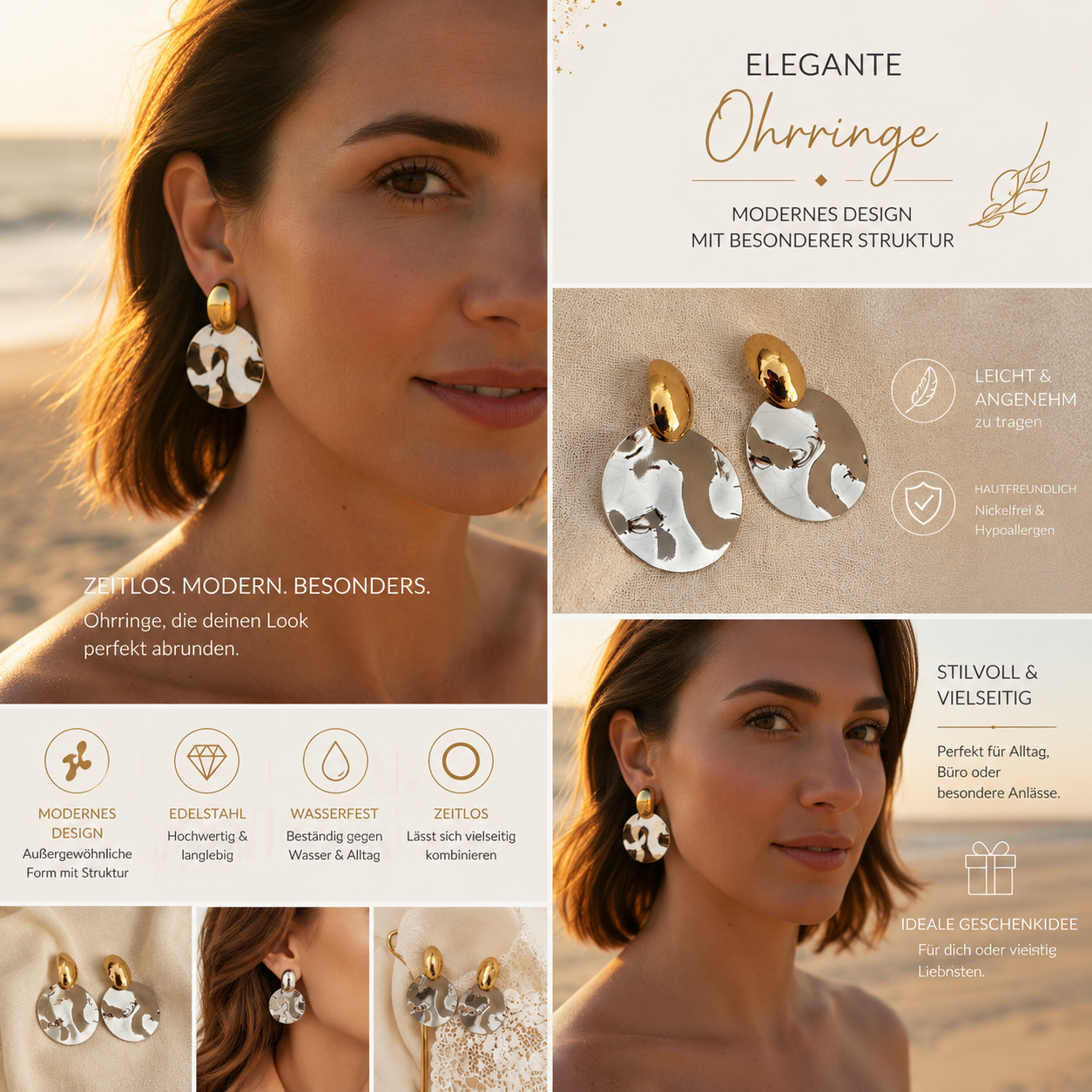 Edelstahl Ohrringe Gold Silber – Moderne Statement Ohrringe im Hammerschlag-Design | Damen Ohrstecker