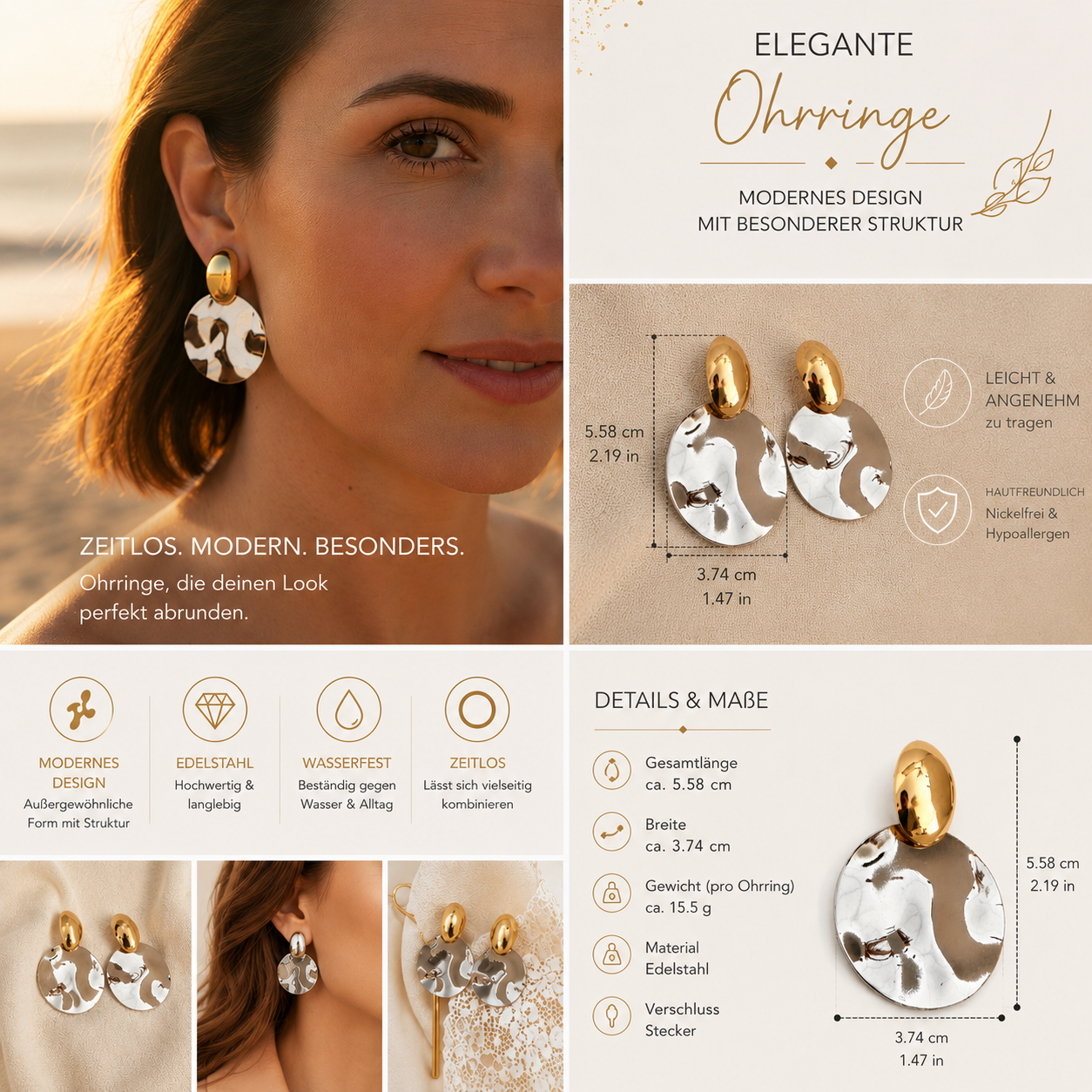 Edelstahl Ohrringe Gold Silber – Moderne Statement Ohrringe im Hammerschlag-Design | Damen Ohrstecker