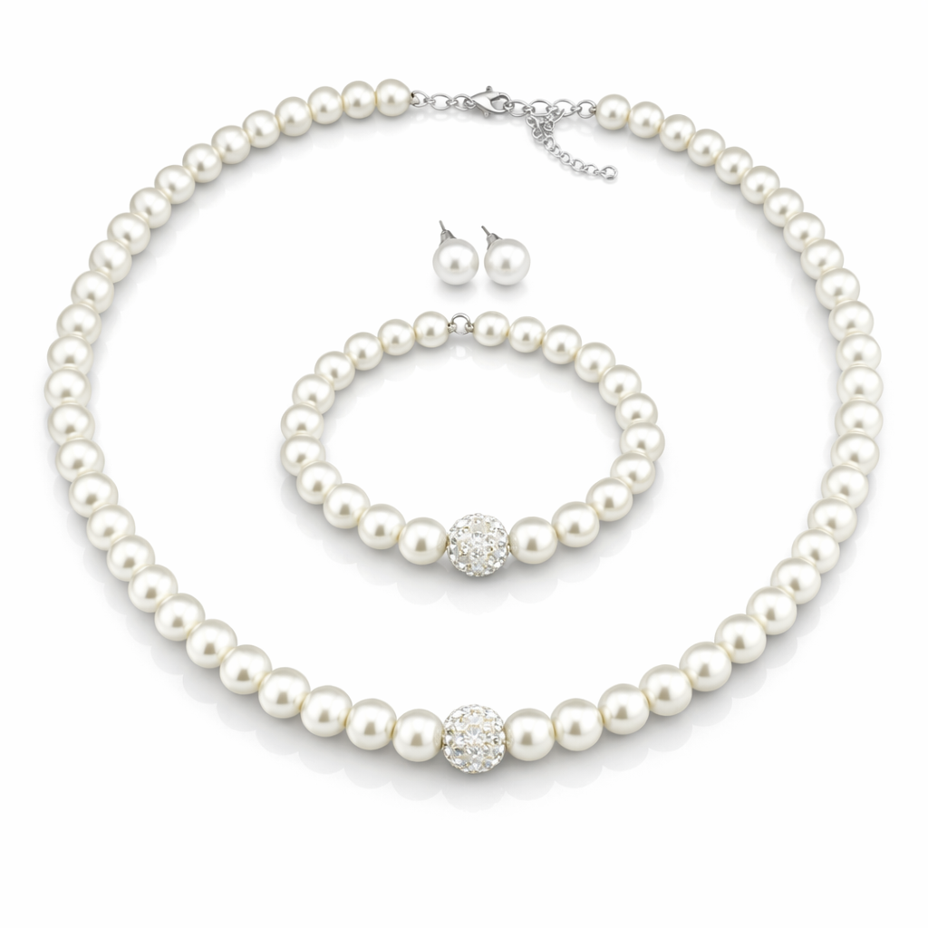 Brautschmuck Set Perlen Weiß – 3-teilig Kette, Armband & Ohrringe mit Strass | ONDEGO®