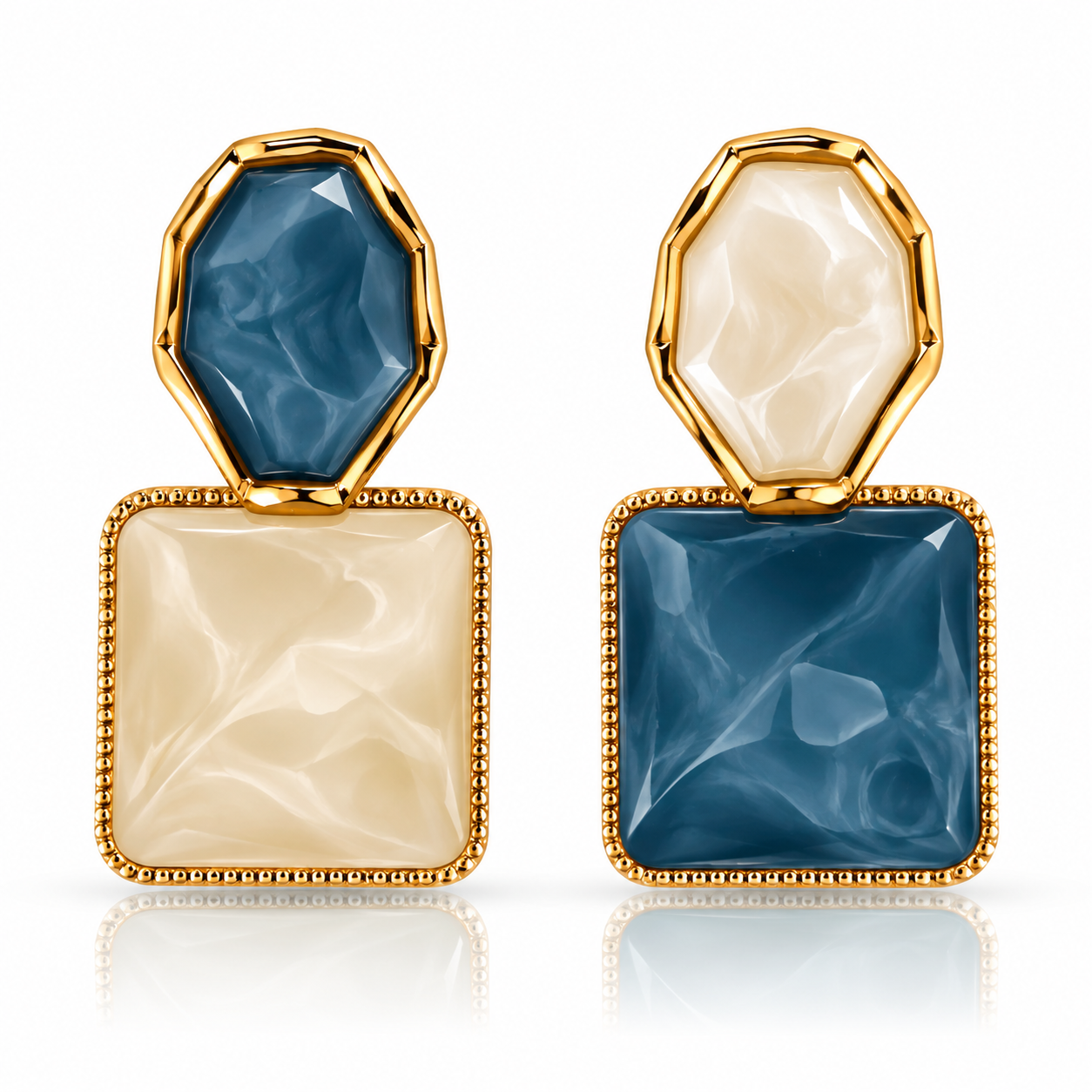 Statement-Ohrringe Hellblau & Ivory – goldfarbene Ohrstecker für Damen