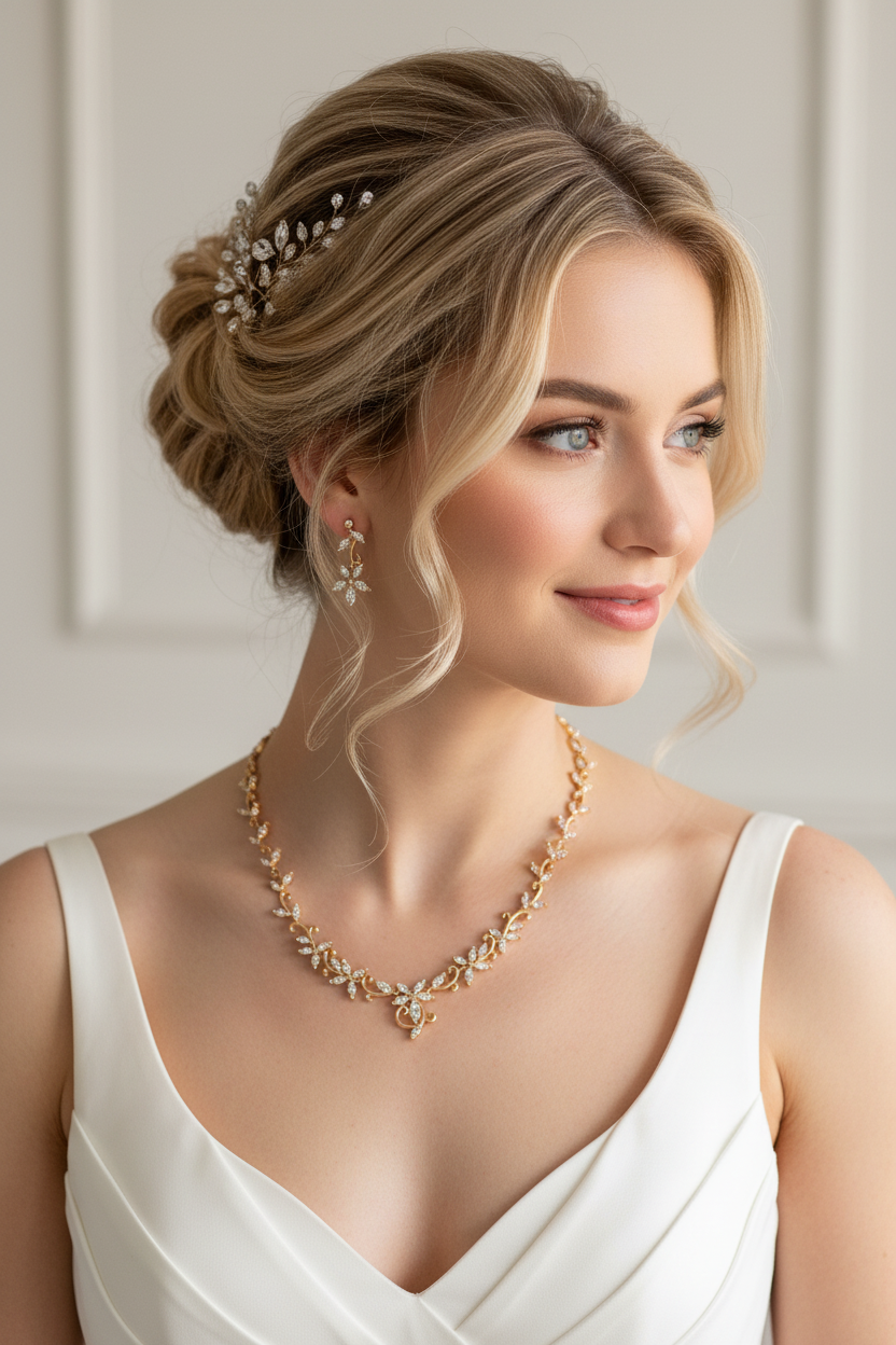 Zirkonia Schmuckset Gold – Collier & Ohrringe im eleganten Blätterdesign | ONDEGO®