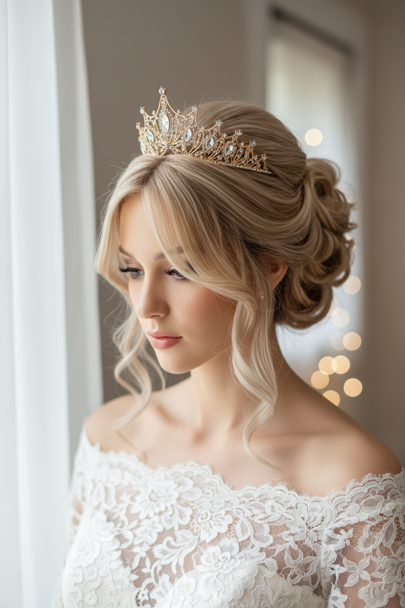 Braut Diadem Gold 6 cm – Strass Krone mit Ösen | ONDEGO®