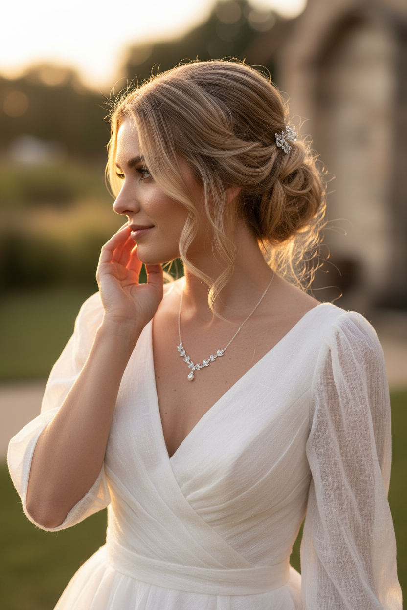 Halskette Silber mit Perle & Zirkonia – filigrane Brautkette im Blätterdesign