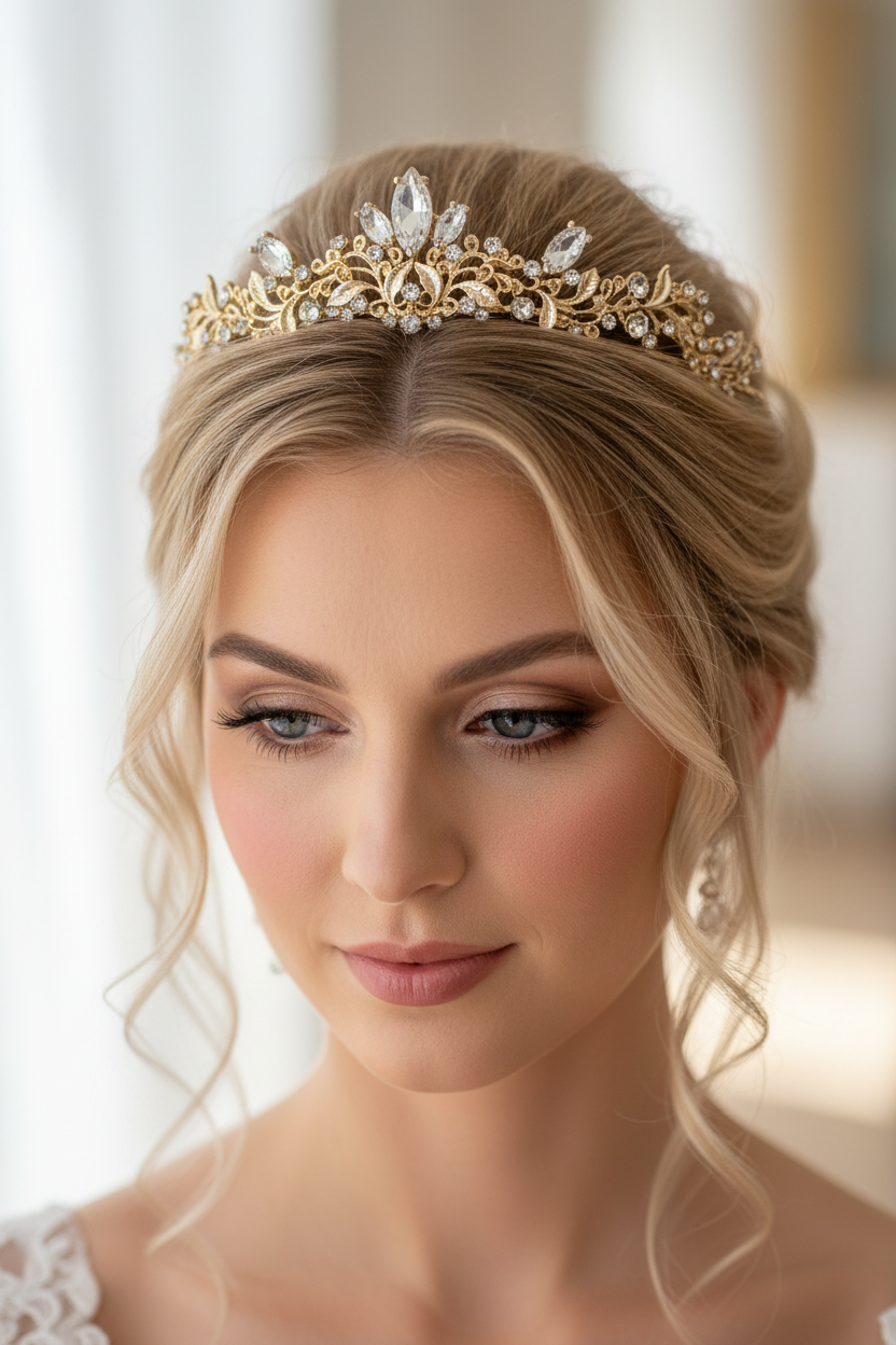 Diadem Gold – Tiara mit Strass und Ösen 4 cm hoch | ONDEGO®