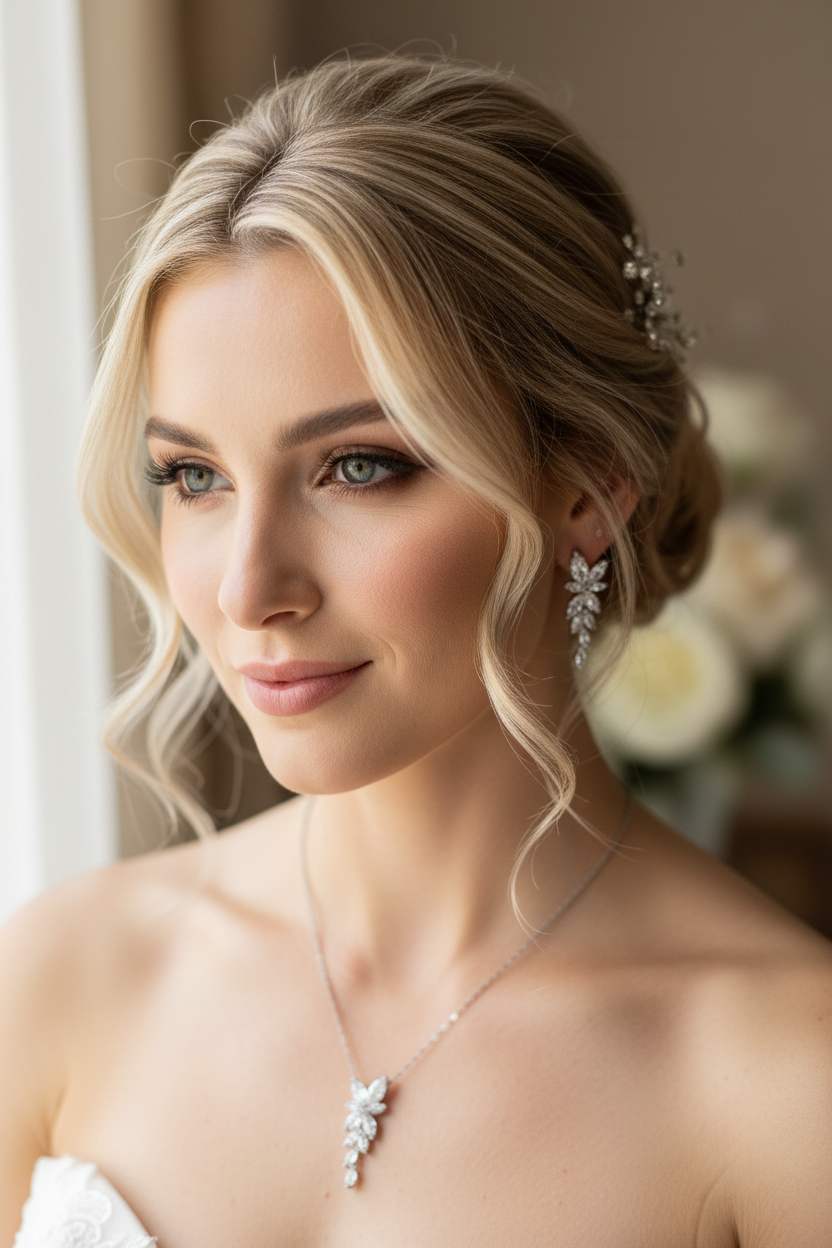 Brautschmuck Set Silber – Zirkonia Kette & Ohrringe 3,5 cm filigran elegant | ONDEGO®