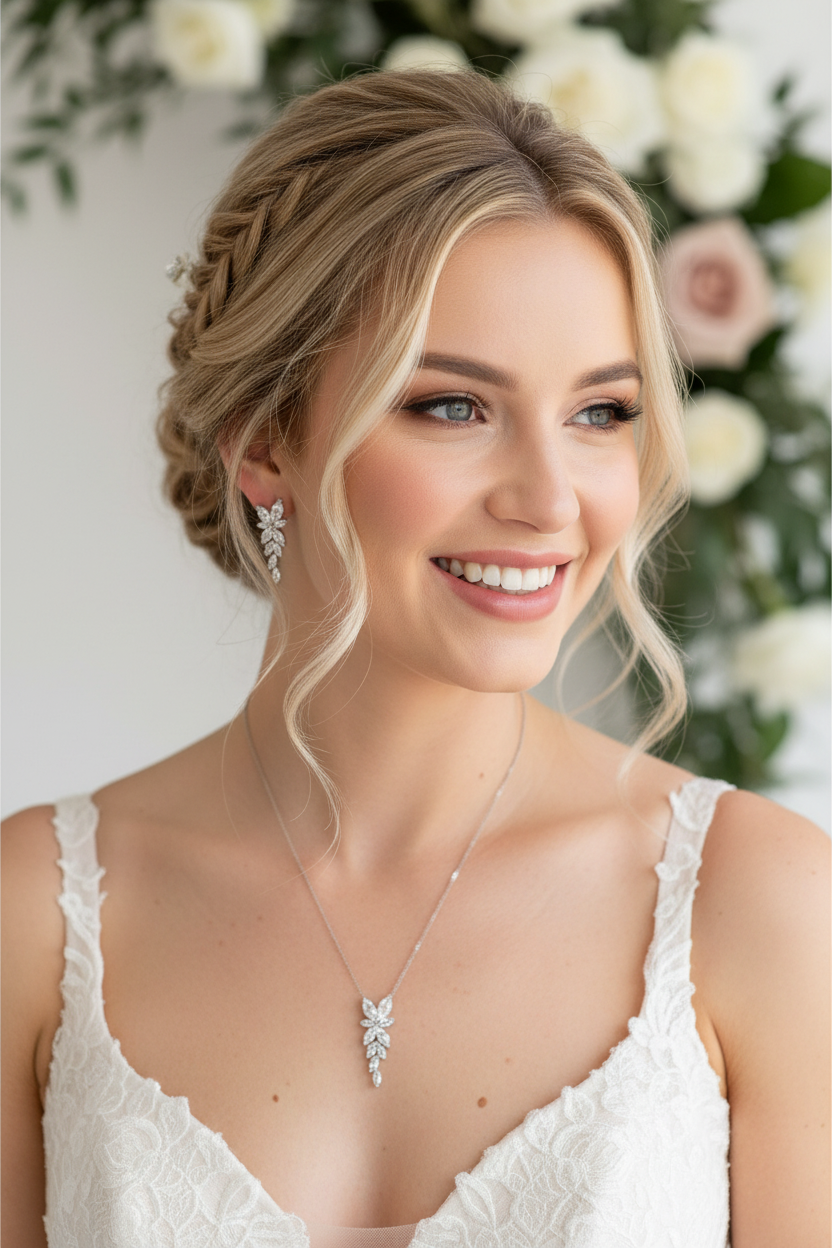 Brautschmuck Set Silber – Zirkonia Kette & Ohrringe 3,5 cm filigran elegant | ONDEGO®