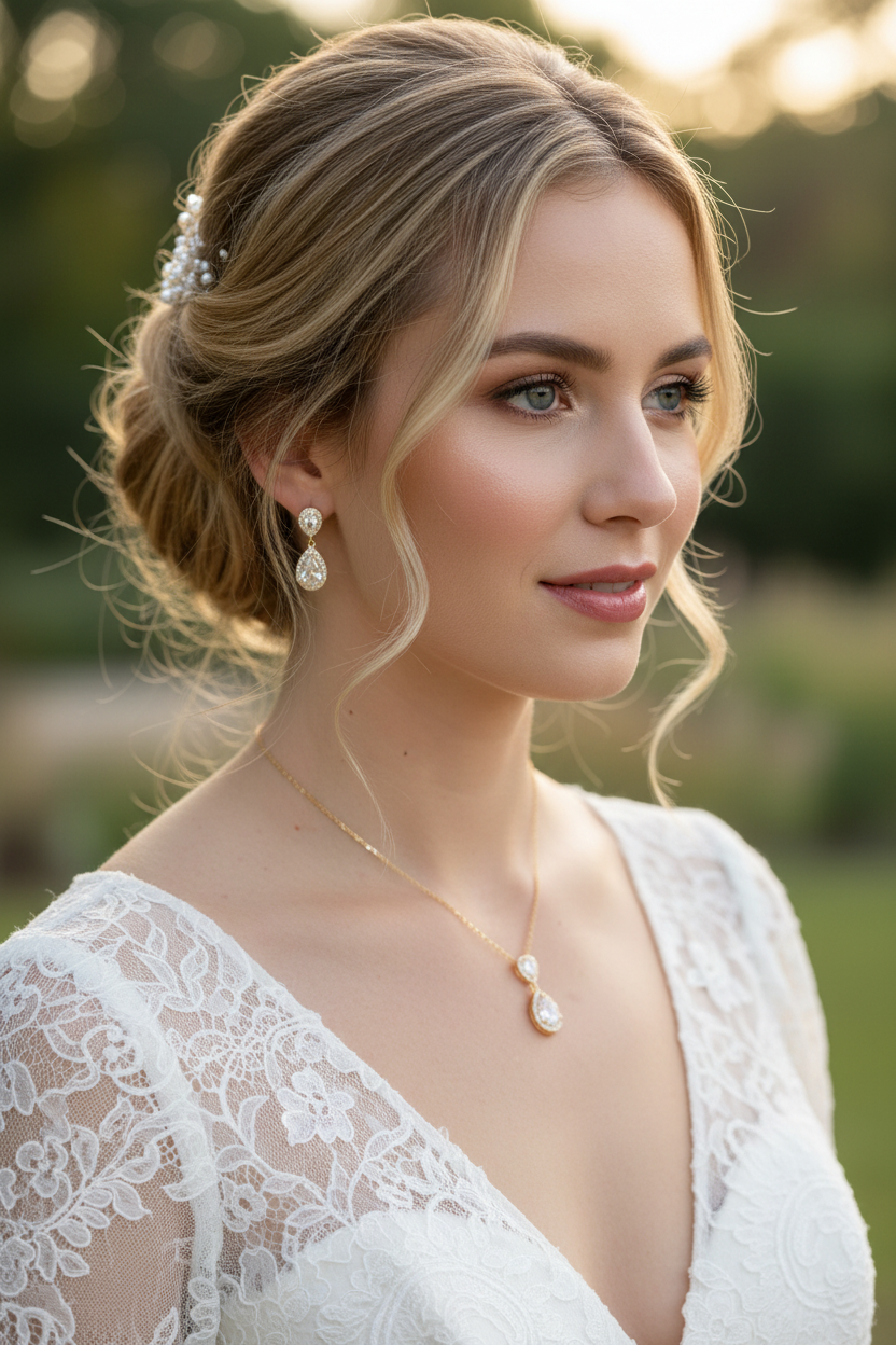 Brautschmuck Set Gold – Zirkonia Tropfen Kette, Ohrringe & Armband verstellbar | ONDEGO®