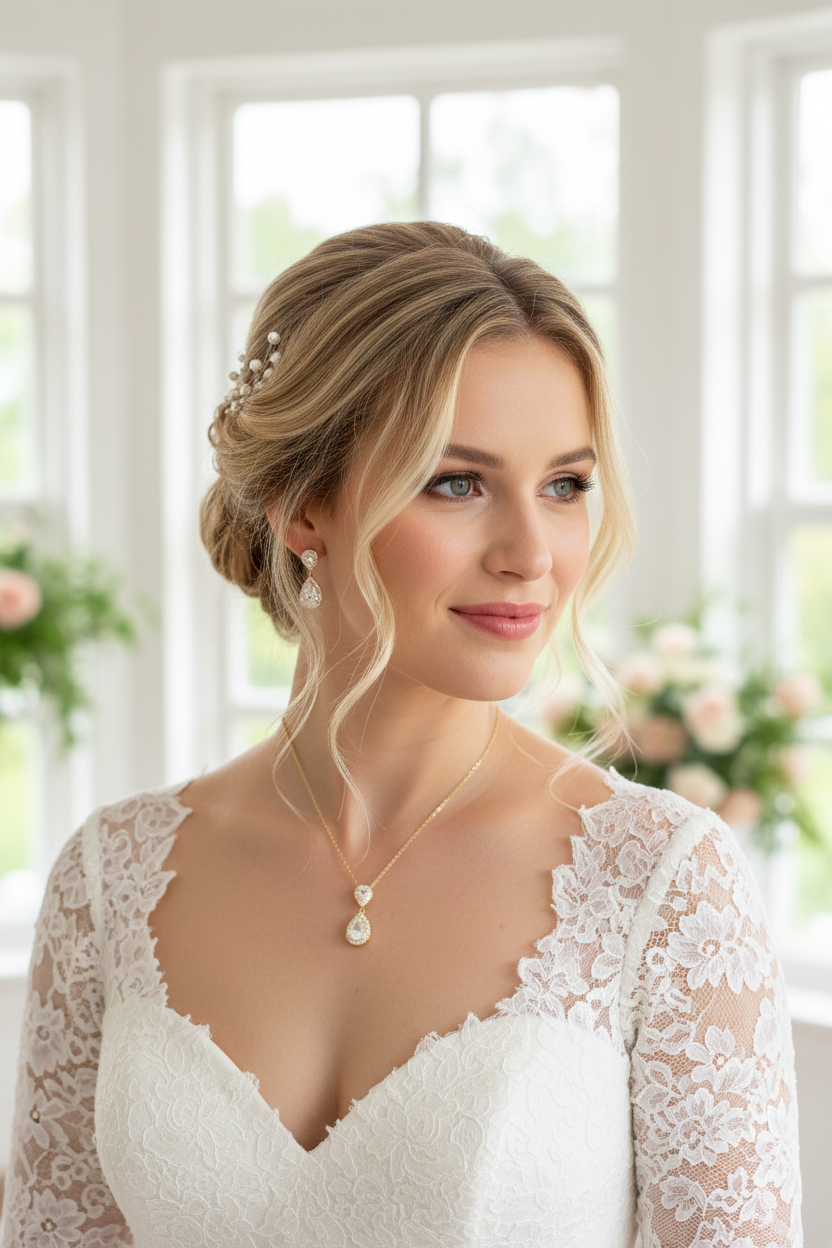 Brautschmuck Set Gold – Zirkonia Tropfen Kette, Ohrringe & Armband verstellbar | ONDEGO®