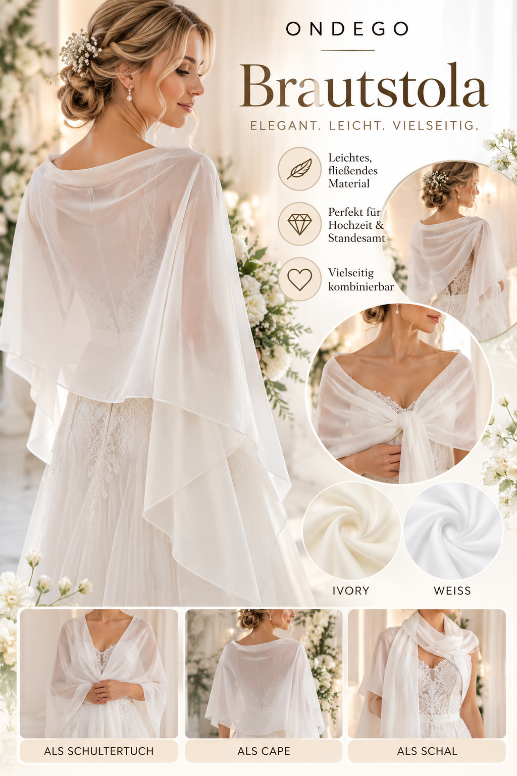 XXL Braut Stola Weiß / Ivory – Elegantes Chiffon Tuch als Brautjacke & Bolero für Hochzeit & Standesamt | ONDEGO®