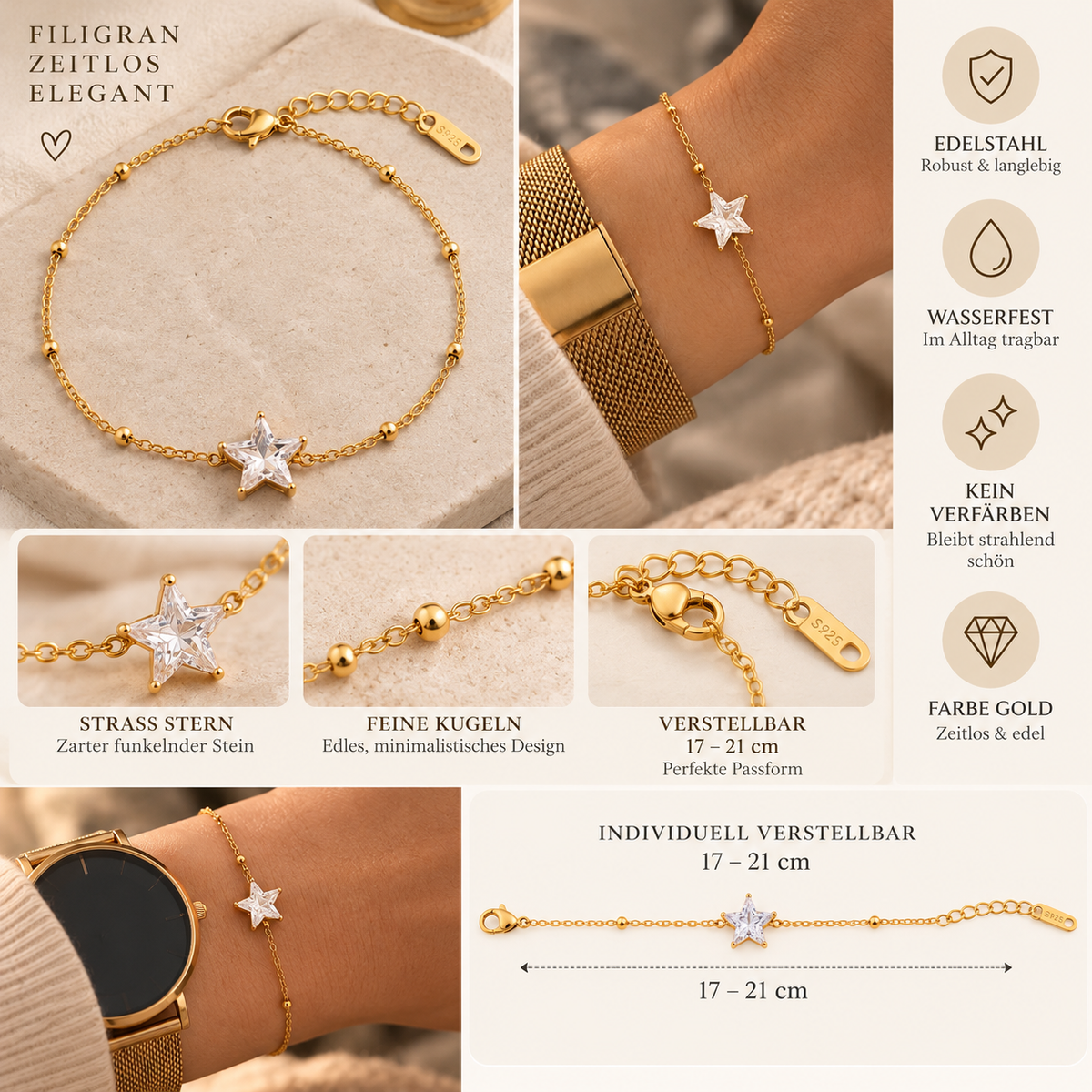 Stern Armband Freundin mit Geschenkbox & Spruchkarte – Edelstahl Gold