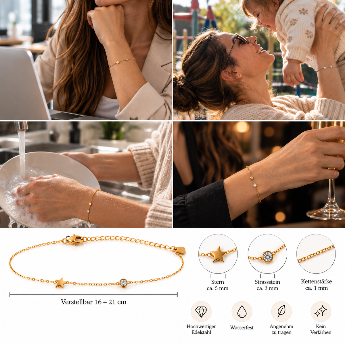 Stern Armband Freundin mit Geschenkbox & Spruchkarte – 18K vergoldeter Edelstahl