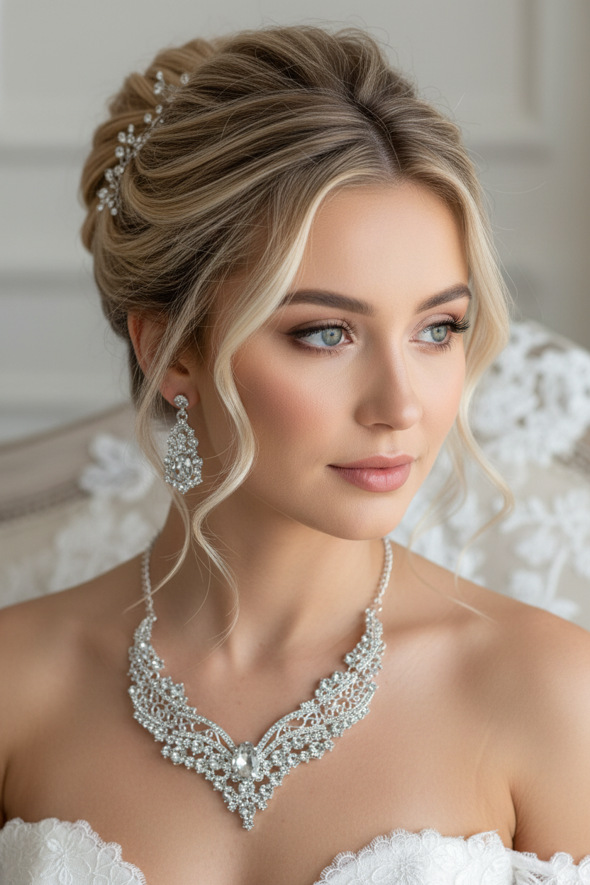 Auffälliges Schmuckset Halskette & Ohrringe Silber – glamouröser Brautschmuck | ONDEGO®