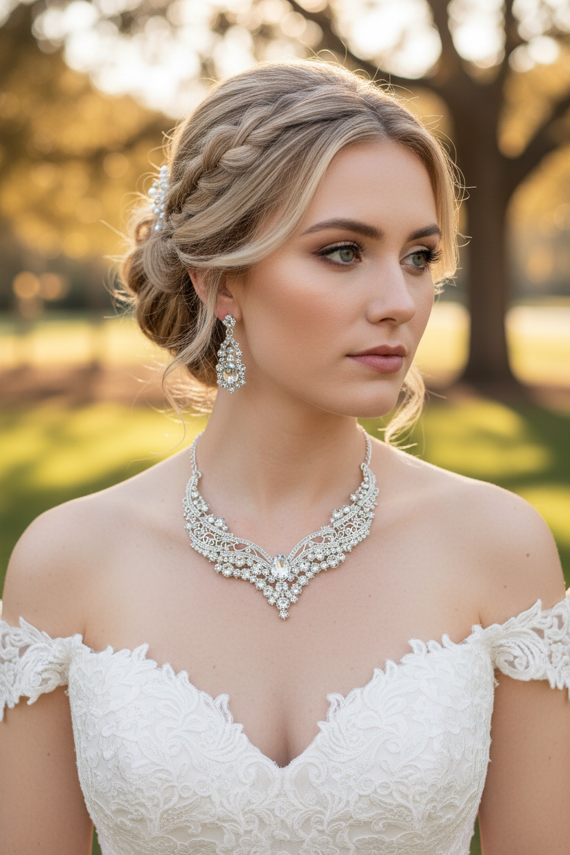 Auffälliges Schmuckset Halskette & Ohrringe Silber – glamouröser Brautschmuck | ONDEGO®
