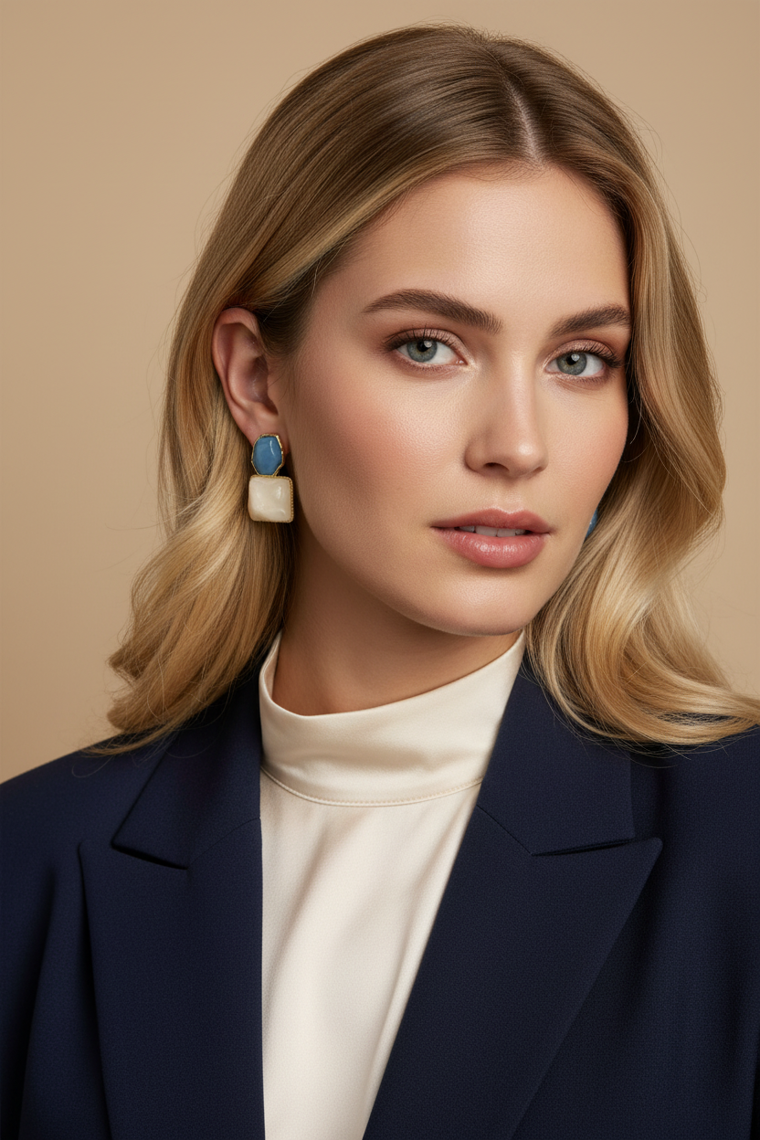 Statement-Ohrringe Hellblau & Ivory – goldfarbene Ohrstecker für Damen