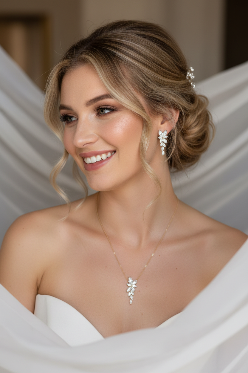 Brautschmuck Set Gold – Zirkonia Kette & Ohrringe 3,5 cm elegant | ONDEGO®