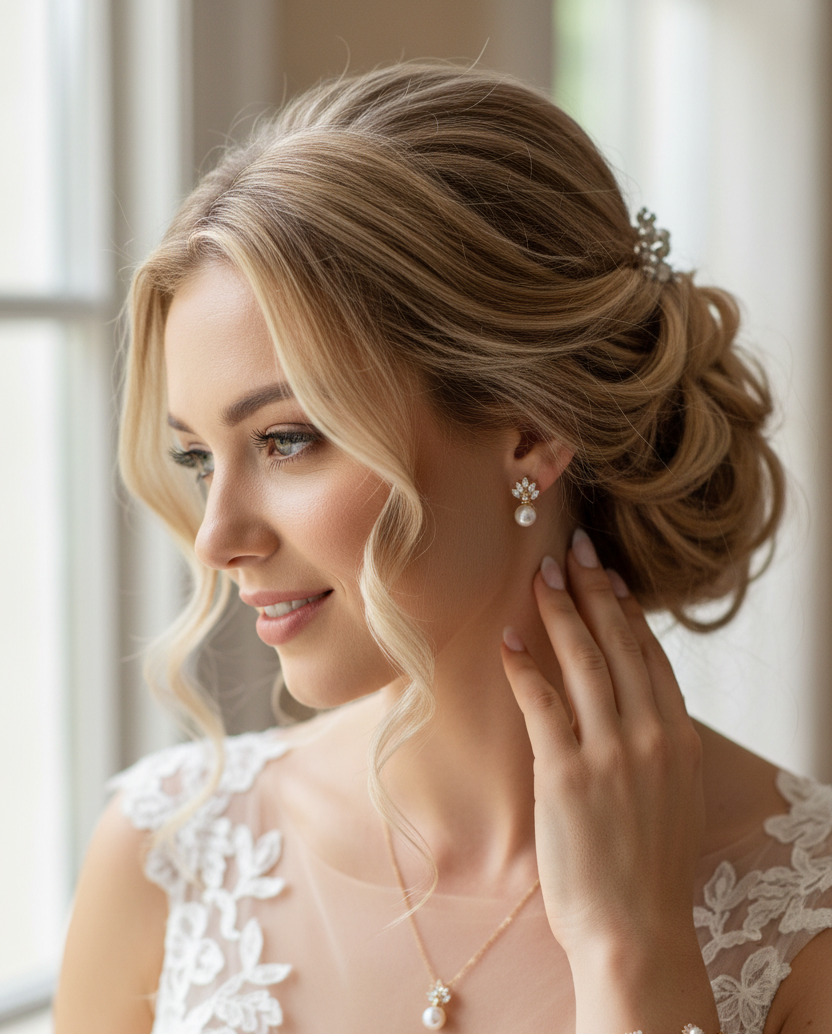 Brautschmuck Set Gold mit Perlen & Zirkonia – Halskette, Ohrringe & Armband 3-teilig