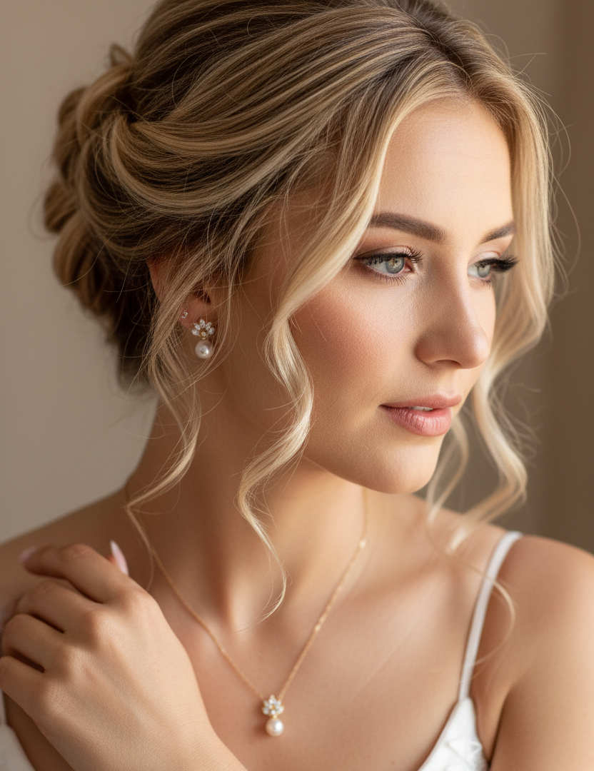 Brautschmuck Set Gold mit Perlen & Zirkonia – Halskette, Ohrringe & Armband 3-teilig