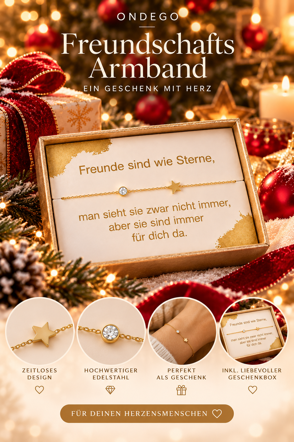 Stern Armband Freundin mit Geschenkbox & Spruchkarte – 18K vergoldeter Edelstahl