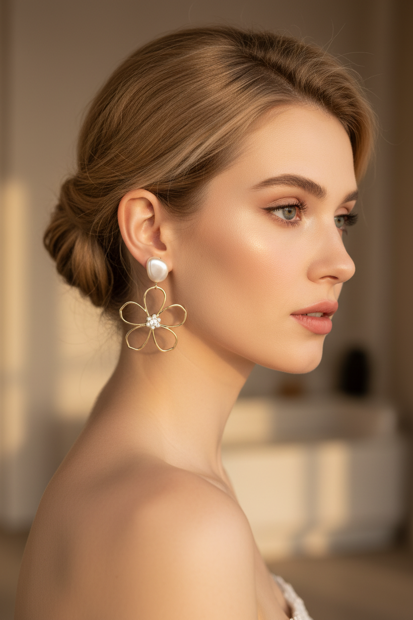 Blumen Ohrringe Gold mit Perlen – Elegante Statement Ohrhänger im Blütendesign | ONDEGO®