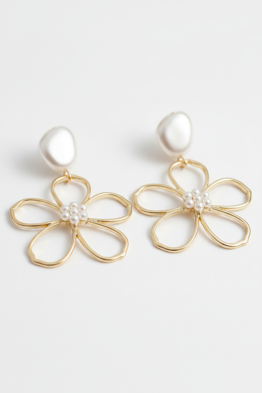 Blumen Ohrringe Gold mit Perlen – Elegante Statement Ohrhänger im Blütendesign | ONDEGO®