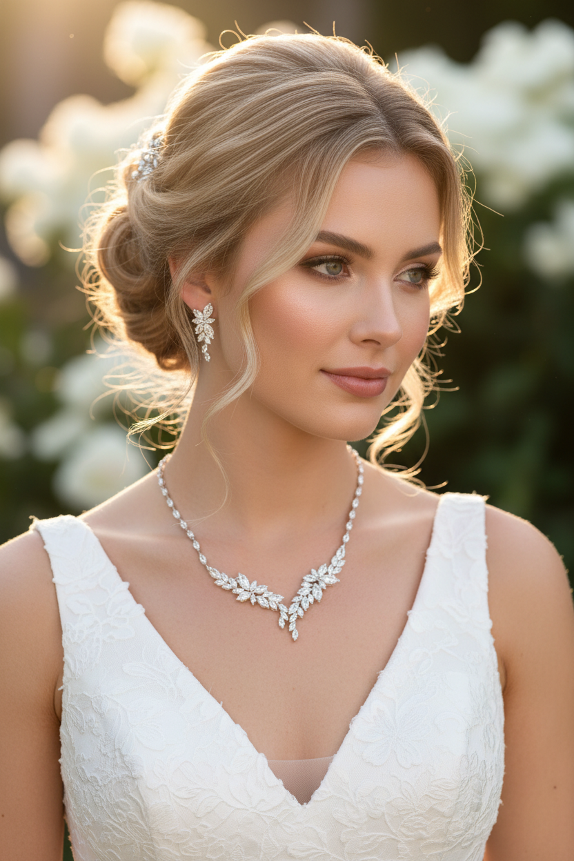 Zirkonia Schmuckset Silber – Collier & Ohrringe im eleganten Blätterdesign Brautschmuck | ONDEGO®