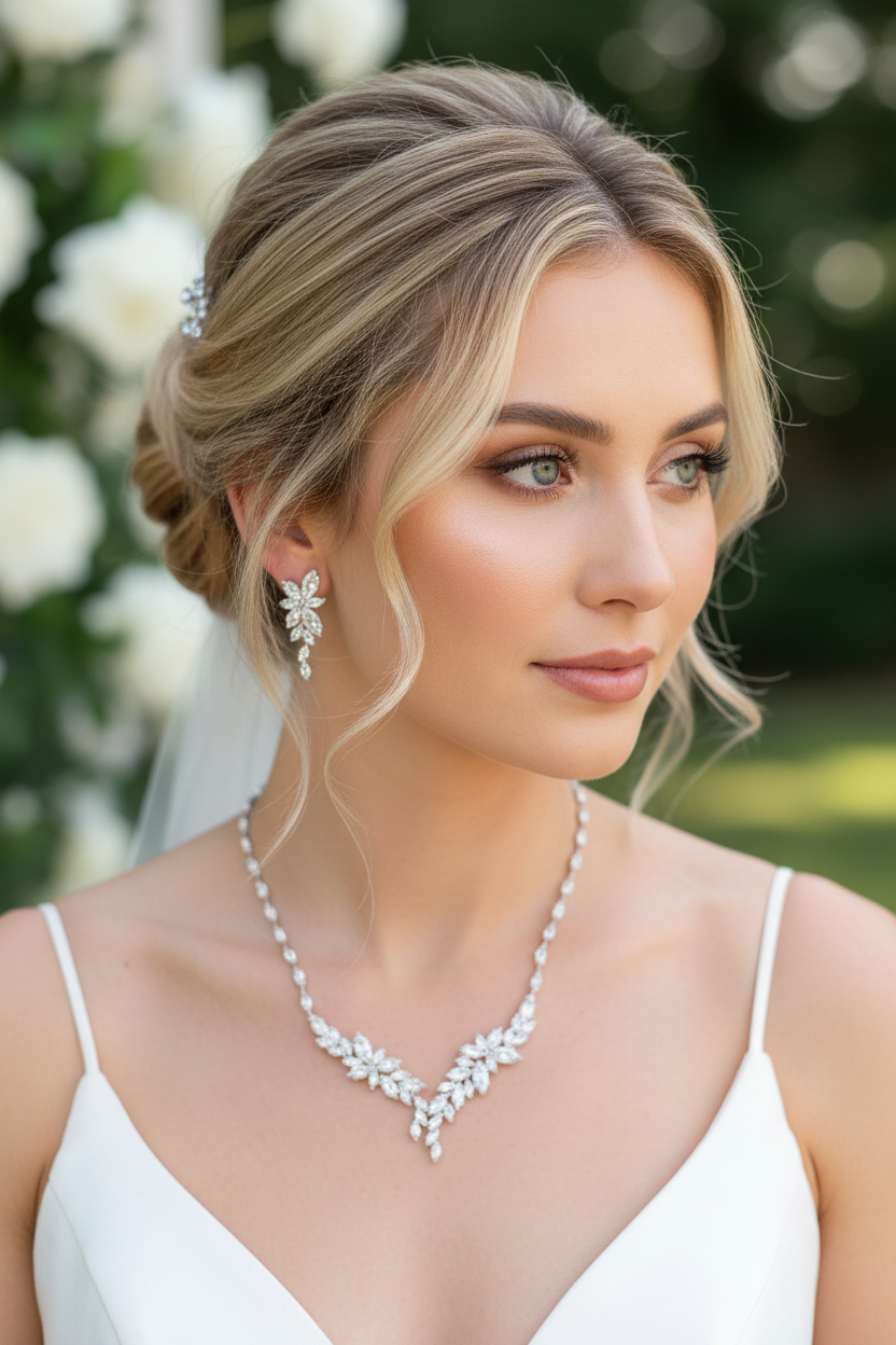 Zirkonia Schmuckset Silber – Collier & Ohrringe im eleganten Blätterdesign Brautschmuck | ONDEGO®