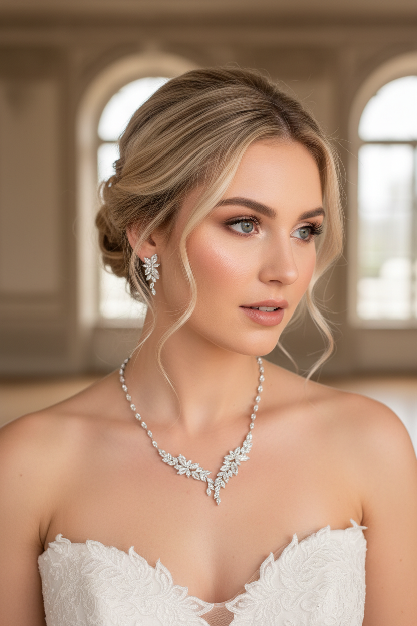 Zirkonia Schmuckset Silber – Collier & Ohrringe im eleganten Blätterdesign Brautschmuck | ONDEGO®