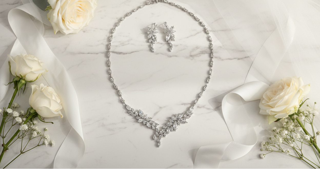 Zirkonia Schmuckset Silber – Collier & Ohrringe im eleganten Blätterdesign Brautschmuck | ONDEGO®
