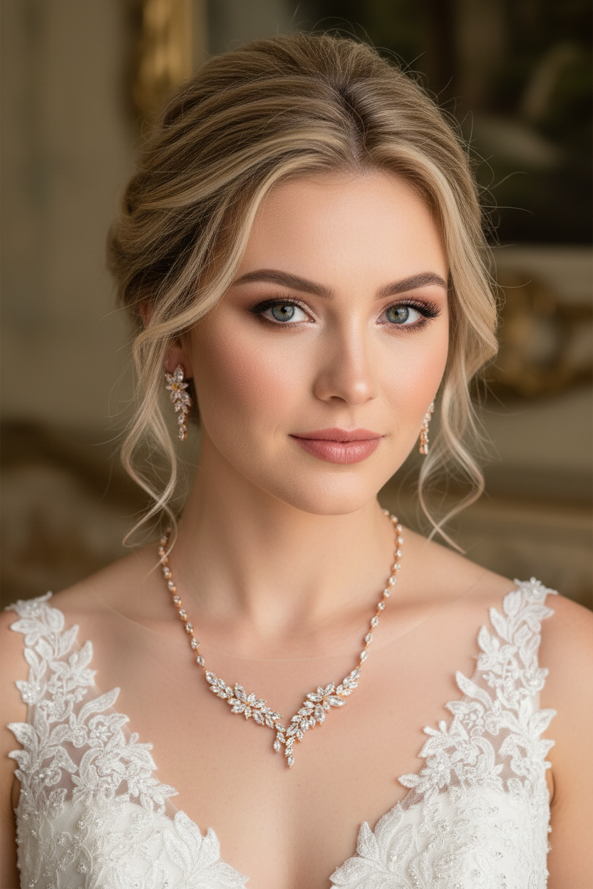 Zirkonia Schmuckset Gold – Collier & Ohrringe im eleganten Blätterdesign Brautschmuck | ONDEGO®