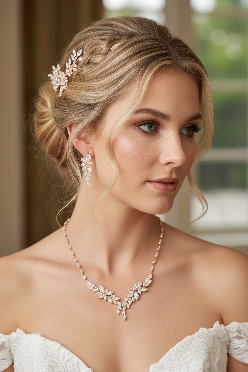 Zirkonia Schmuckset Gold – Collier & Ohrringe im eleganten Blätterdesign Brautschmuck | ONDEGO®