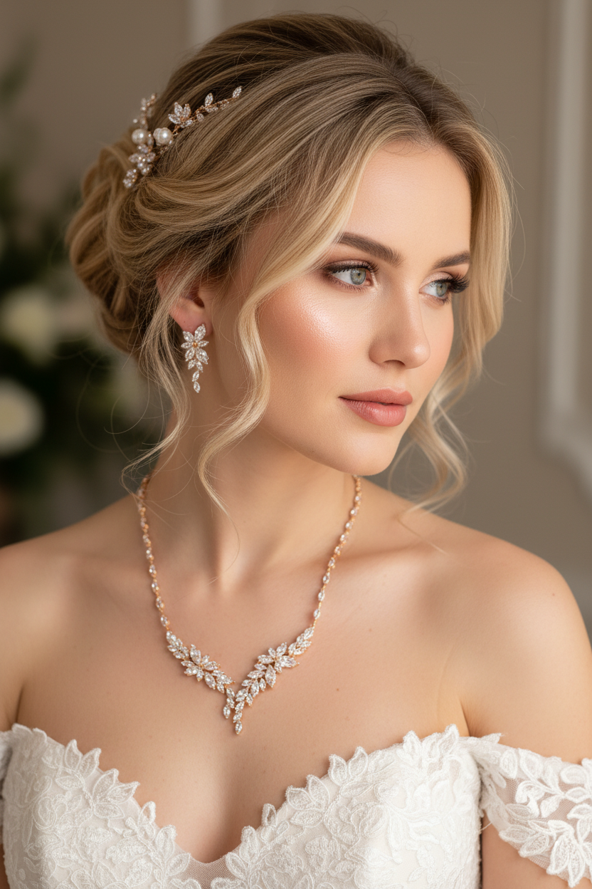 Zirkonia Schmuckset Gold – Collier & Ohrringe im eleganten Blätterdesign Brautschmuck | ONDEGO®